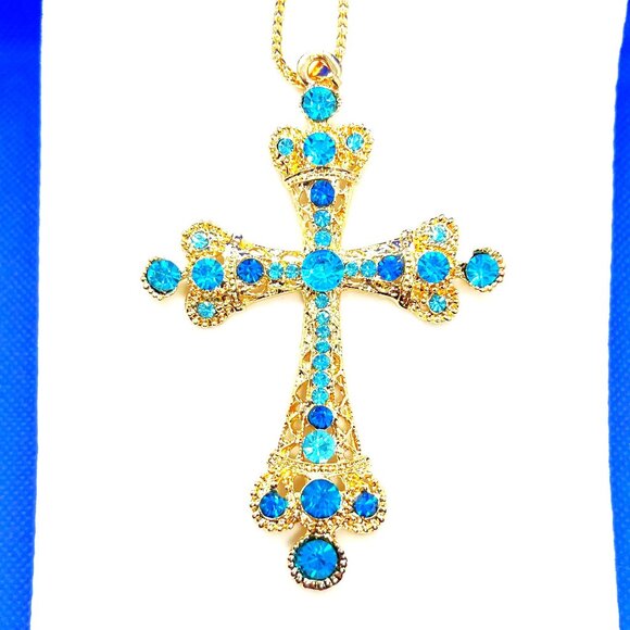 Jewelry - Large Blue & Gold CROSS Pendant Necklace